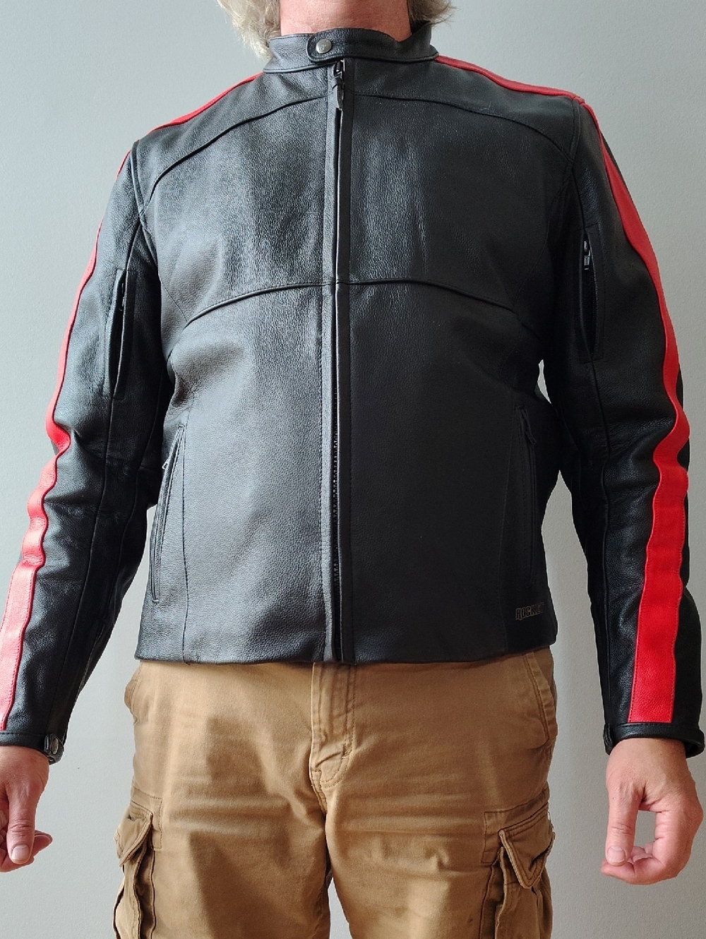 Joe Rocket Men's Black Leather Jacket with Red Stripe